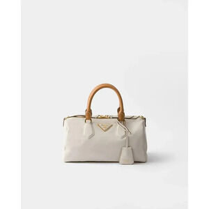 Prada Evasion Leather Contrast Stitch Zip Top Logo Bowling Boston Bag Cream